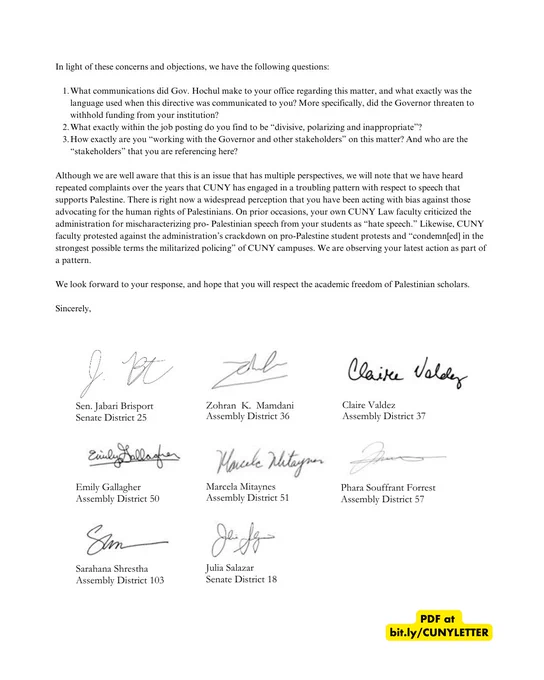 Image shows page 2 of the letter, including signatures from State Senators Jabari Brisport (SD-25), and Julia Salazar (SD-18); and Assemblymembers Zohran Mamdani (AD-36), Emily Gallagher (AD-50), Marcela Mitaynes (AD-51), Phara Souffrant Forrest (AD-57), Claire Valdez (AD-37), and Sarahana Shrestha (AD-103) -- a PDF of the letter is available at bit.ly/CUNYLETTER