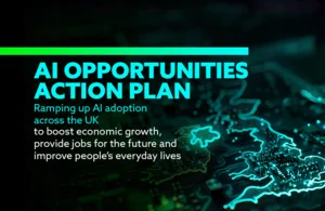 Front cover of AI Opportunities Action Plan. Text: Ramping up AI adoption across the UK to boost economic growth, provide jobs for the future and improve people's everyday lives.
