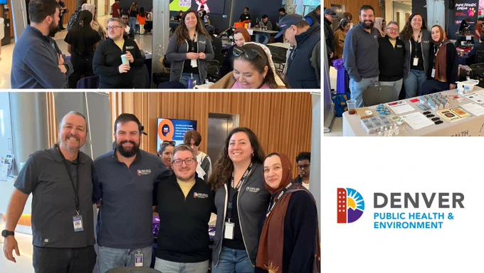 Collage featuring images from a community event. The top section shows attendees interacting and exploring information booths inside a hall. The lower section features a group of five smiling individuals from DDPHE, posing for a photo.