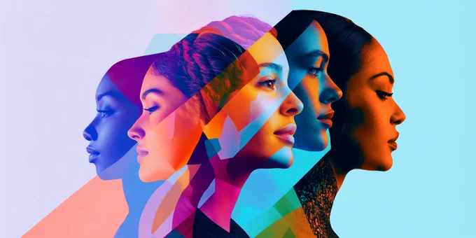 An image of four women's faces in profile, overlapping with vibrant, abstract geometric colour overlays in blue, orange and pink. 