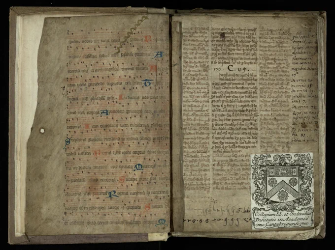 Recycled vellum flyleaf from an old musical manuscript. From MS O.8.2.
View the full MS here: https://mss-cat.trin.cam.ac.uk/Manuscript/O.8.2/UV#?c=0&m=0&s=0&cv=5&r=0&xywh=-290,-5,4441,2896