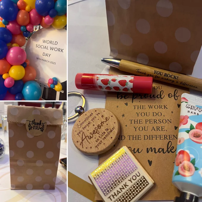 3 pics Balloon arch and sign for world SW day 2025 and small gift bag with contents that include small tokens of thanks