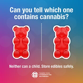 Two identical gummy bears appear with the words Can you tell which one contains cannabis? Neither can a child. Store edibles safely.