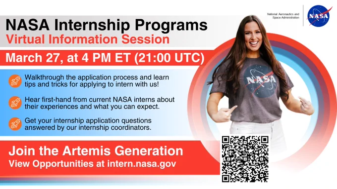 Former NASA intern and current NASA Public Affairs Officer, Jaden Jennings, smiles in a grey NASA t-shirt. Text on the graphic reads "NASA Internships Virtual Information Session on March 27, 2025 at 4 PM Eastern (21:00 UTC)." "Walkthrough the application process and learn tips and tricks for applying to intern with us; hear first-hand from current NASA interns about their experiences and what you can expect; get your internship application questions answered by our internship coordinators." RSVP at: https://stemgateway.nasa.gov/s/course-offering/a0BSJ000002MzJq2AK/launch-your-future-nasa-ostem-internships-webinar

Credit: NASA