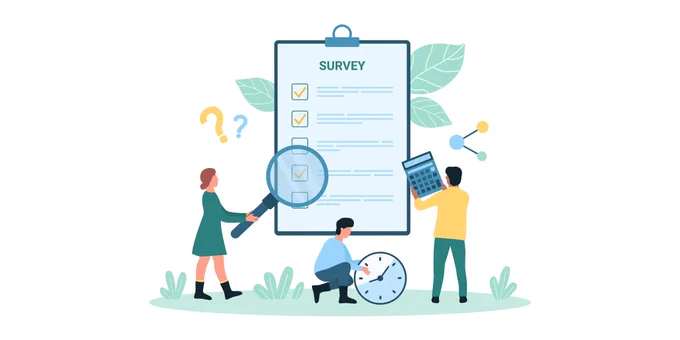 This graphic shows tiny cartoon people investigating a large clipboard with the title survey.