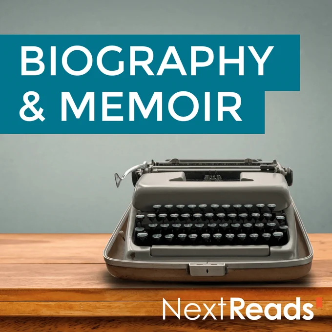 A photo of a typewriter. The top left says “Biography and Memoir” and the bottom right has the Nextreads logo