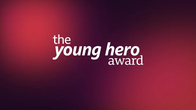 The Young Hero Award displayed in white text on a gradient red and purple background.
