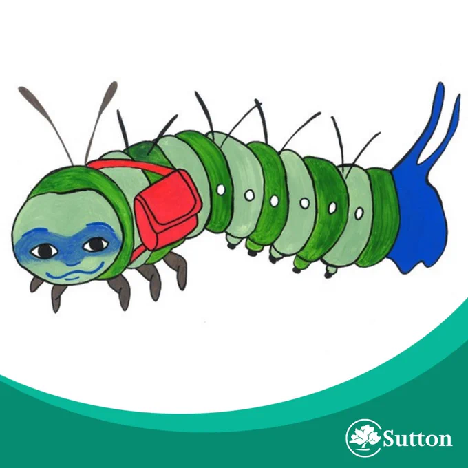 A hand-drawn illustration of a caterpillar with a humanoid face wearing a blue mask. The caterpillar has a segmented green body with black antennae and legs. It carries a bright red backpack on its back. The tail end of the caterpillar features blue, wing-like extensions. The character has a friendly expression, with large eyes and a small smile. The background is plain white.