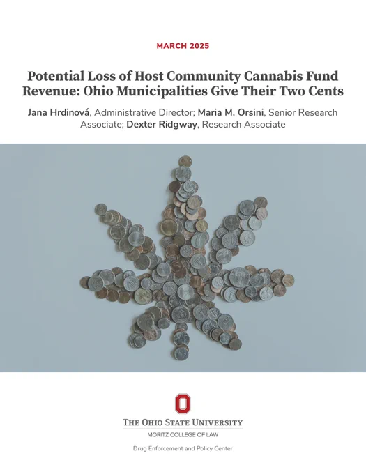 Document cover titled 'Potential Loss of Host Community Cannabis Fund Revenue: Ohio Municipalities Give Their Two Cents' from March 2025, from The Ohio State University, Moritz College of Law, Drug Enforcement and Policy Center. Features an arrangement of coins forming a cannabis leaf.