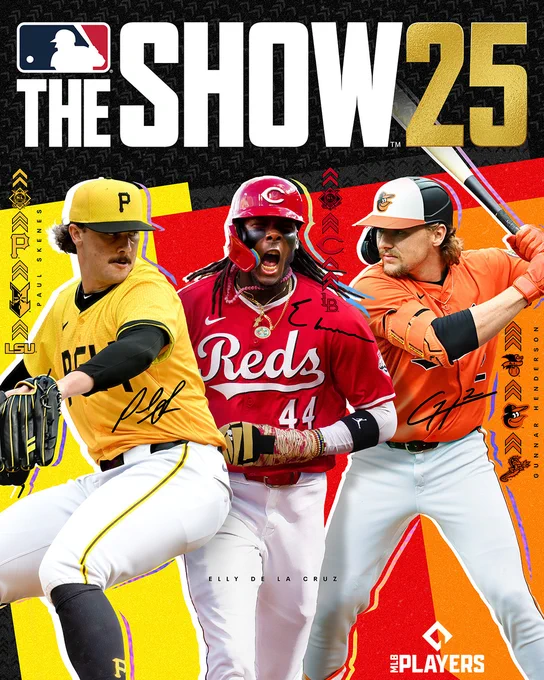 The cover image of MLB The Show 25, featuring Paul Skenes (left) wearing a gold-colored Pittsburgh Pirates City Connect jersey, Elly De La Cruz (center) wearing a red Cincinnati Reds jersey, and Gunnar Henderson (right) wearing an orange Baltimore Orioles jersey.