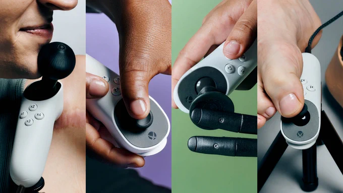 4 images side-by-side of the Xbox Adaptive Joystick and Adaptive Thumbstick Toppers being used by different parts of the body.