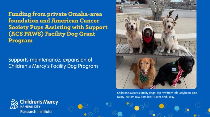 This graphic is on a medium blue background. On the right is a photo of 5 dogs, all wearing Christmas things like antler ear headbands or scarves. 3 of the dogs are sitting on a bench and 2 are sitting on the ground. Text on the left explains who the Facility Dog Program received funding from and how the funding will be used: "Funding from private Omaha-area foundation and American Cancer Society Pups Assisting with Support (ACS PAWS) Facility Dog Grant Program". "Supports maintenance, expansion of Child's Mercy's Facility Dog Program".