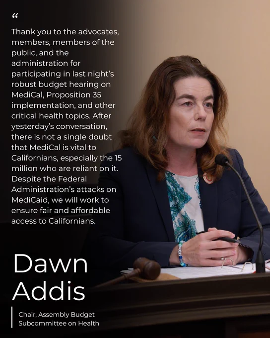 Same text as post included on photo of Assemblymember Addis at the Budget Sub 1 Hearing.
