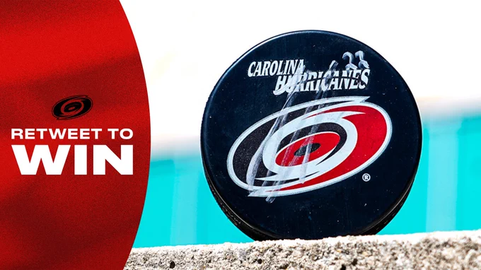 Graphic promoting a retweet to win contest for a signed Logan Stankoven Canes pucks 