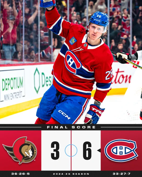 Final Score: Canadiens defeat Senators 6-3