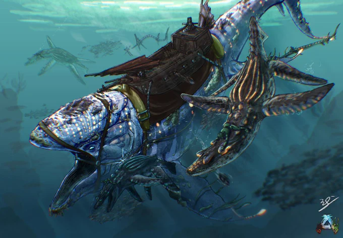 Sunken Leedsichthys and Sunken Liopleurodon concept art