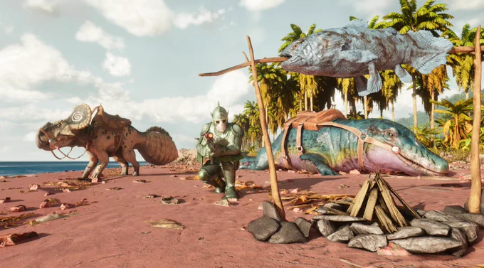 Screenshot of Ambulocetus, Protoceratops, the Rotisserie structure, Sea Scale Armour and the Thermite Scope in game in ASA