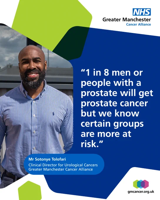 Mr Sotonye Tolofari, Clinical Director for Urological Cancers at Greater Manchester Cancer Alliance, smiles in front of a city skyline. The image includes a quote about prostate cancer awareness and the Greater Manchester Cancer Alliance logo.
Quote reads “1 in 8 men or people with a prostate will get prostate cancer but we know certain groups are more at risk.”