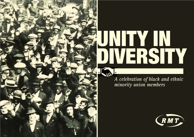 Cover of RMT report "Unity & Diversity: a celebration of black and ethnic minority union members" with a photo of Black and white seafarers vote for strike action in Cardiff in 1911