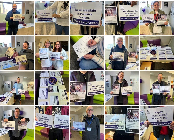 collage of colleagues holding signs with empowering messages for international women's day