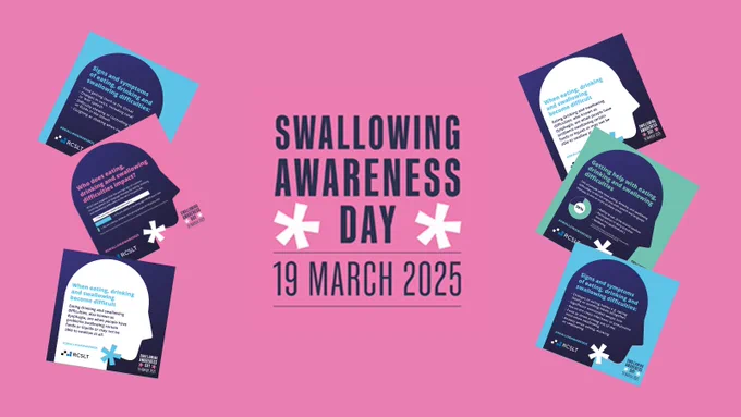 Poster displaying the text "Swallowing Awareness Day" in bold letters, emphasizing the importance of swallowing health awareness.