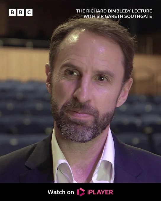 A man in a white shirt and dark suit jacket. The Richard Dimbleby Lecture with Sir Gareth Southgate is written in white.