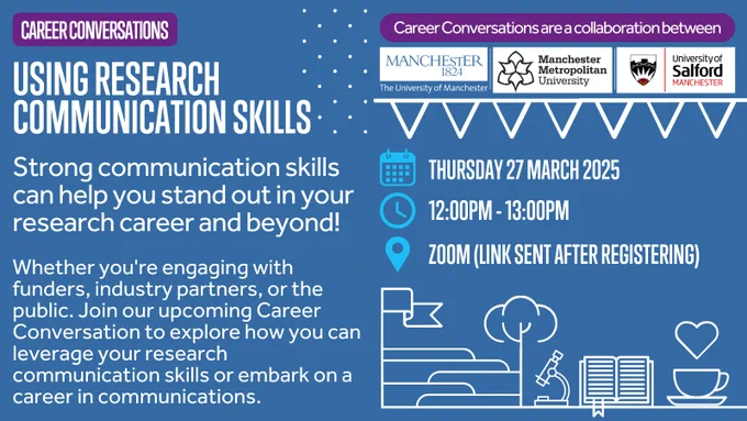 Using Research Communication Skills

Strong communication skills can help you stand out in your research career and beyond!

Whether you're engaging with funders, industry partners, or the public. Join our upcoming Career Conversation to explore how you can leverage your research communication skills or embark on a career in communications.

Thursday 27 March 2025
12:00 - 13:00
Zoom