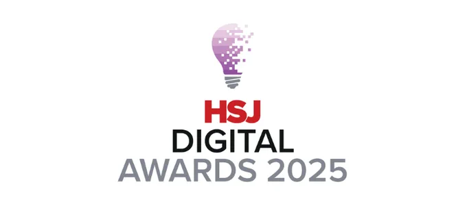 Pictures displays the text: HSJ Digital Awards 2025. Above the text is a light bulb with the colour purple. Some of the icons from the light bulb are dissipating. 