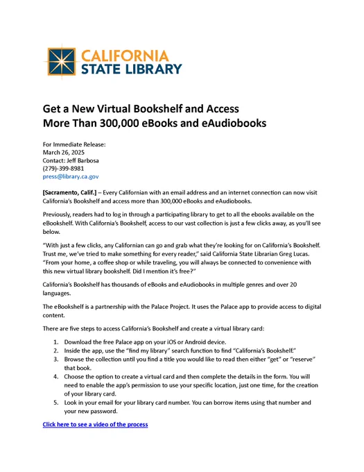 Page 1 of press release with CA State Library Logo and title: "Get a new virtual bookshelf and access more than 300,000 eBooks and eAudiobooks."
