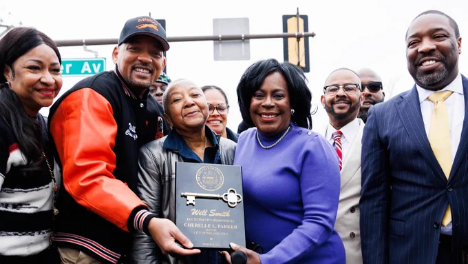 Mayor Cherelle L. Parker and City leadership presenting Will Smith with a key to the City of Philadelphia