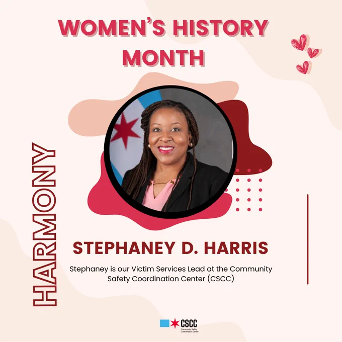 Promotional graphic for Women's History Month featuring Stephany D. Harris, Victim Services Lead at the Community Safety Coordination Center (CSCC), smiling in a circular frame against a pink background with decorative elements.