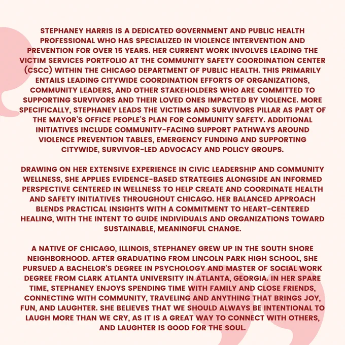 Promotional graphic about Stephanie Harris, a dedicated government official leading the Environmental and Community Initiatives Health and Safety Division. The pink background holds a detailed description of her professional roles, achievements, and personal interests, featuring white and purple text.
