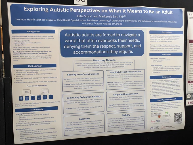 Katie Stock and Dr. Mackenzie Salt are attributed to the poster named, "Exploring Autistic Perspectives on What it Means to Be an Adult".