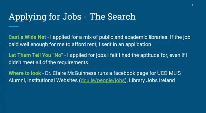 Presentation slide on the search process in applying for jobs. Text on the slide covers casting a wide net, let them tell you no, and where to look. 
