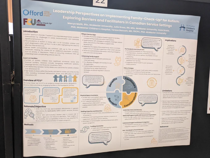 Manya Malik, Julie Gross, Irene Drmic, and Teresa Bennett are attributed to the poster named, "Leadership Perspectives on Implementing Family Check-Up for Autism: Exploring Barriers and Facilitators in Canadian Service Settings".