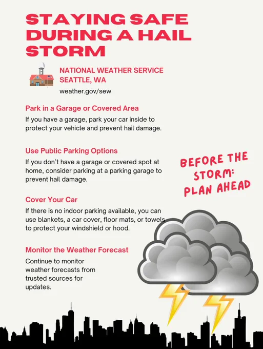 Staying safe during a hail storm: Park in a garage or covered area, use public parking options, cover your car (use blankets, car cover, floor mats or towels), and monitor the weather forecast.