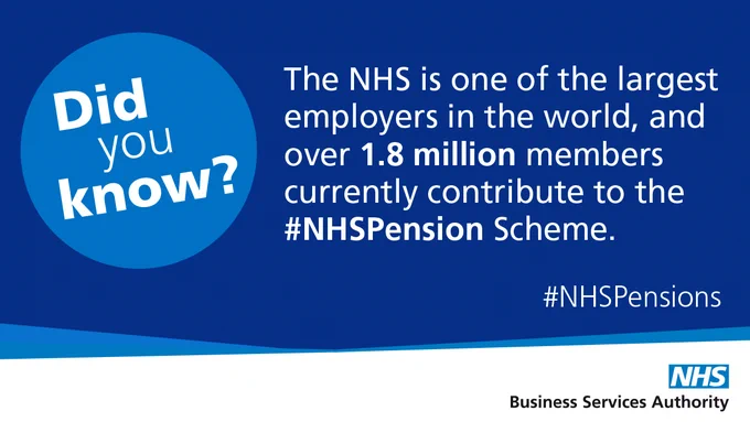Image featuring a blue background with text that reads: "Did you know? The NHS is one of the largest employers in the world, and over 1.8 million members currently contribute to the #NHSPension Scheme." NHS Business Services Authority logo is visible,