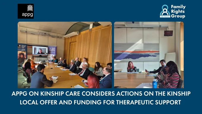 Two photos of kinship carers Shanayd and Clare speaking to members of the All Party Parliamentary Group on Kinship Care today. Text reads APPG on Kinship Care considers actions on the kinship local offer and funding for therapeutic support.
