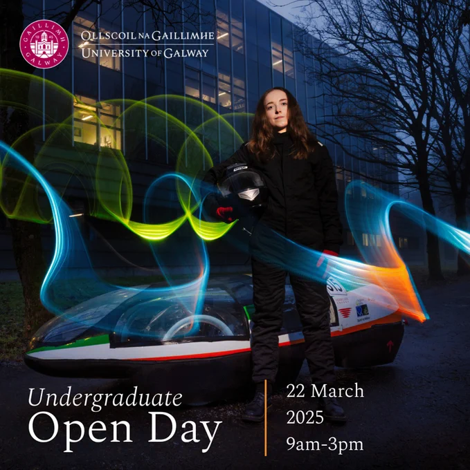 Promotional graphic for University of Galway 2025 Spring Undergraduate Open Day featuring photograph of student pictured at the Alice Perry Engineering Building
