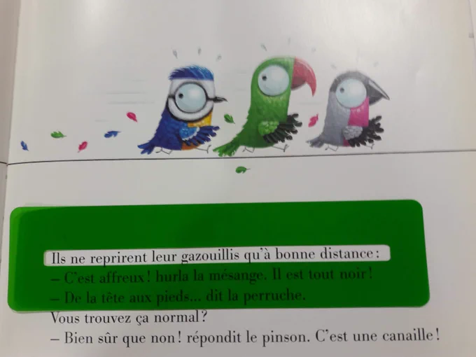 Guide de lecture vert posé sur un livre. Il s’agit d’un rectangle vert possédant un trou laissant passer une ligne pour faciliter la lecture des élèves dyslexiques. 