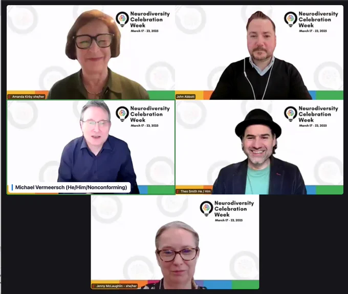Participants in a webinar for Neurodiversity Celebration Week. The screenshot shows headshots of the 5 speakers: Amanda Kirby, John Abbott, Michael Vermeersch, Theo Smith and Jenny McLaughlin.