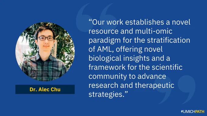 A graphic of Dr. Alec Chu with the quote “Our work establishes a novel resource and multi-omic paradigm for the stratification of AML, offering novel biological insights and a framework for the scientific community to advance research and therapeutic strategies.”