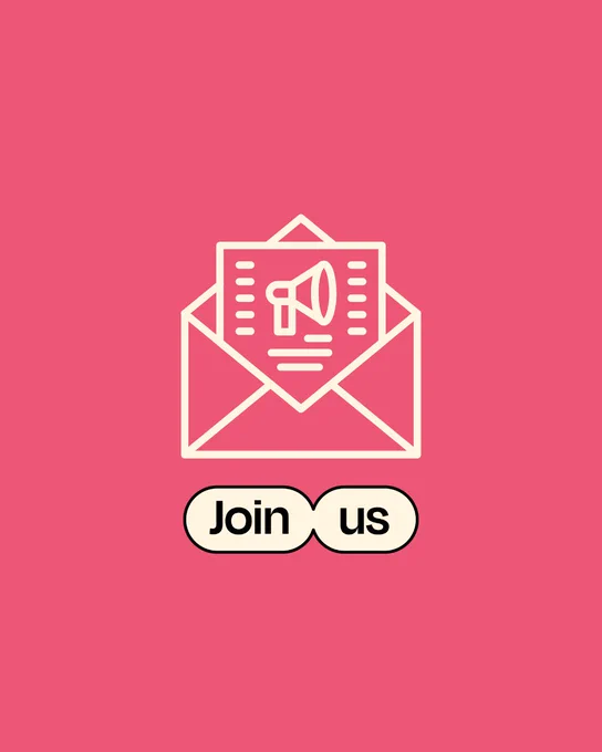 A pink image with an illustration of a letter and the words "Join Us"