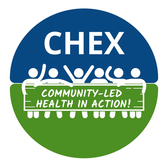 Circle with CHEX written at the top and 6 people in the centre holding a banner that says "COMMUNITY-LED HEALTH IN ACTION!"