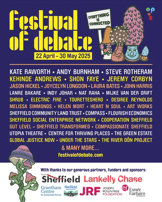 A poster for the Festival of Debate, showing the logo of the festival, the dates 22 April – 30 May 2025, and dozens of names of people and groups hosting events. At the bottom of the festival are the logos of the sponsors: Learn Sheffield, Lankelly Chase, the Grantham Centre for Sustainable Futures, Sheffield City Council, the Joseph Rowntree Foundation, and the Esmee Fairbairn Foundation