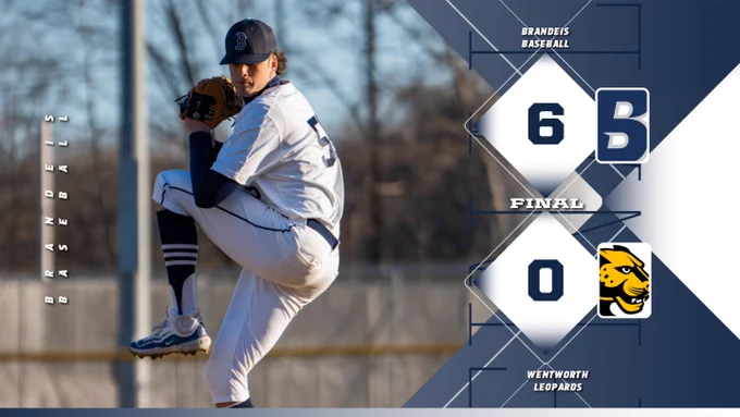 TEXT: FINAL: Brandeis Baseball 6, Wentworth 0
IMAGE: Andrew Tringe in his windup getting ready to pitch