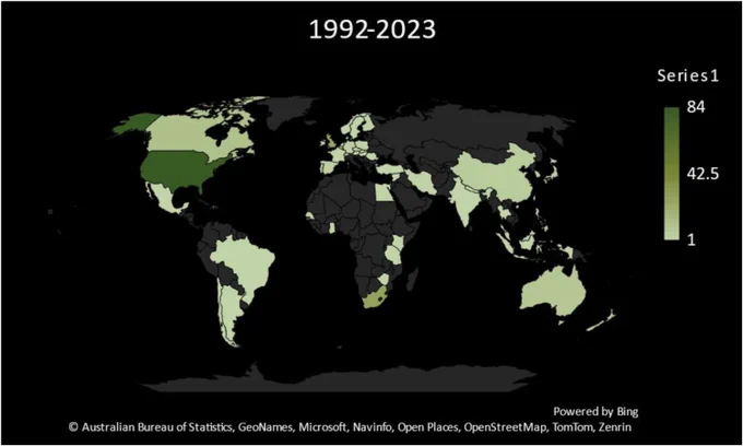 Figure 1. World map colourised by the VUS country-contexts written about in Englishes from 1992 to 2023.
