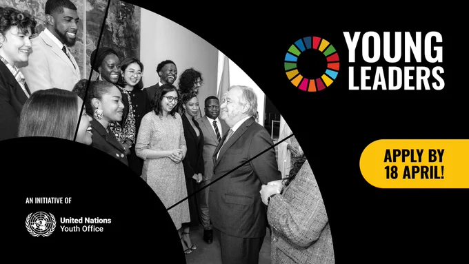 UN Secretary-General António Guterres speaks with a past cohort of Young Leaders for the Sustainable Development Goals. Text reads: “YOUNG LEADERS. APPLY BY 18 APRIL!” with the United Nations Youth Office logo.