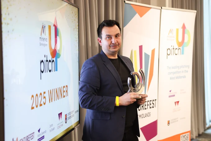 Raoul Popescu-Ghimis and RACE Software holds his award after winning Minerva Birmingham PitchUp at Venturefest West Midlands 2025