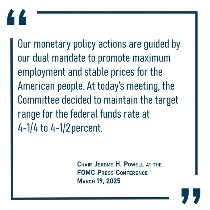 Our monetary policy actions are guided by our dual mandate to promote maximum employment and stable prices for the American people. At today’s meeting, the Committee decided to maintain the target range for the federal funds rate at 4-1/4 to 4-1/2 percent.